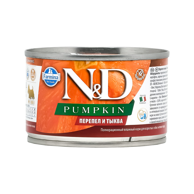 Farmina N&D DOG PUMPKIN корм для собак беззерновой тыква перепел мини, банка 140г