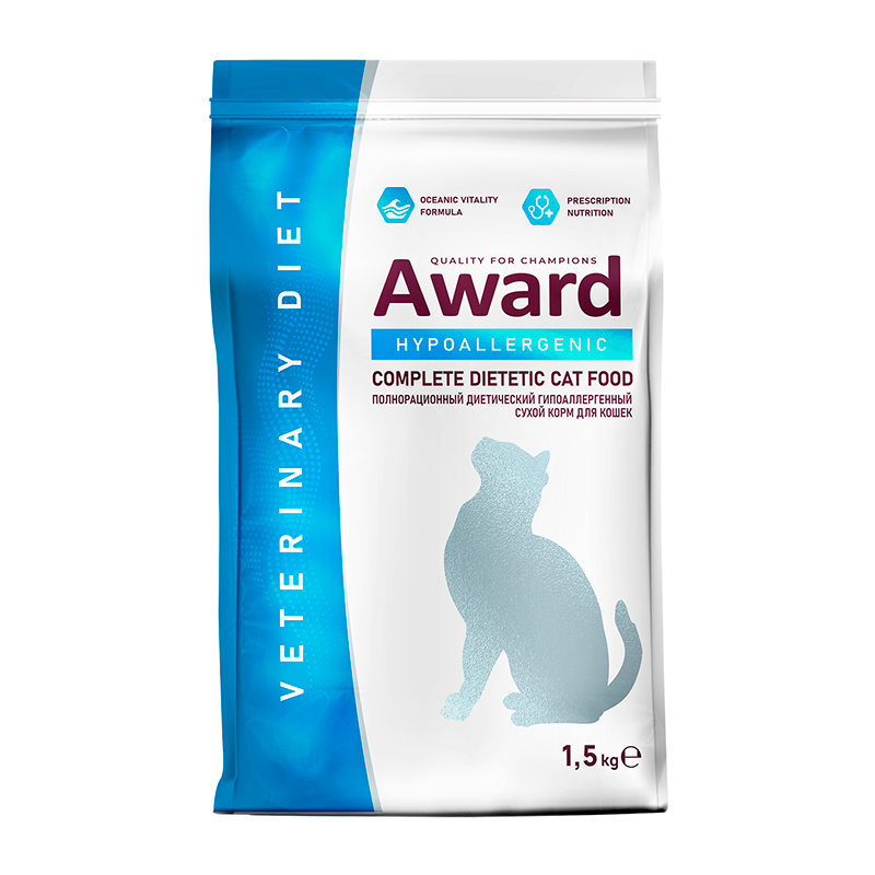 Award Veterinary Diet Hypoallergenic,корм для кошек при аллергии и пищевой непереносимости,уп.1,5 кг